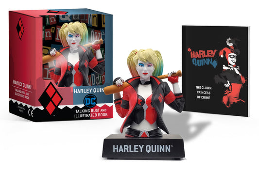 Figurine parlante et livre illustré de Harley Quinn