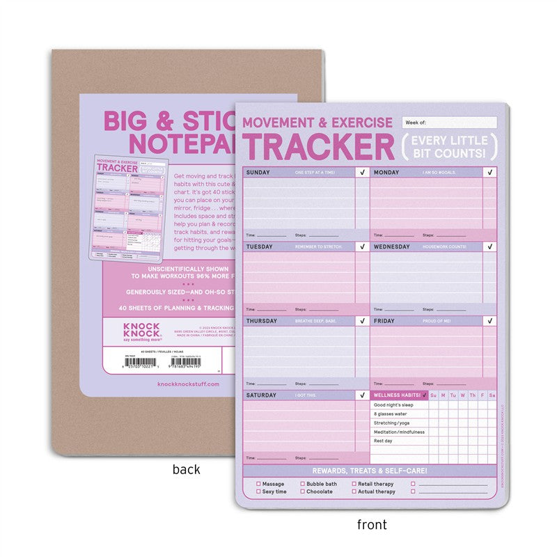 Movement &amp; Exercise Tracker Big &amp; Sticky Notepad - Sticky Fitness Tracker Pad (40 Sheets, 9.75 x 7-inches)