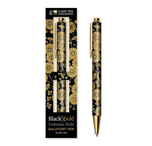 Uematsu Hobi: Black &amp; Gold Chrysanthemums Boxed Decorative Ballpoint Pen